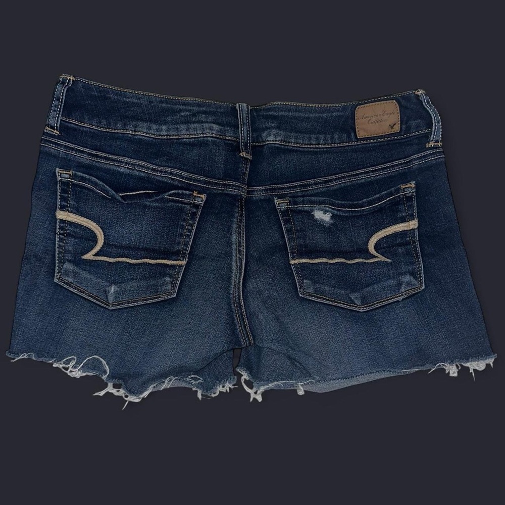 American Eagle AE Low Rise Dark Blue Distressed Ripped Denim Jean Shorts - Picture 2 of 4